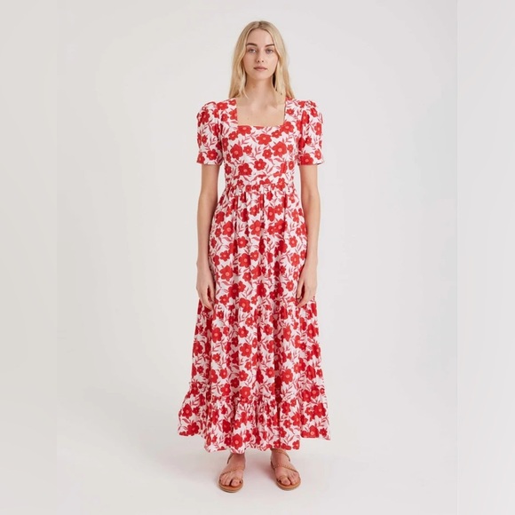 PINK CITY PRINTS Evelyn Cotton Maxi Dress Candy Geranium Floral Print Sz Medium - Picture 1 of 13